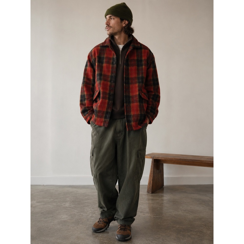 Muskoka Lakes Mens Vintage‎ Wool Blend Plaid Lumberjack Coat Red Black Size M